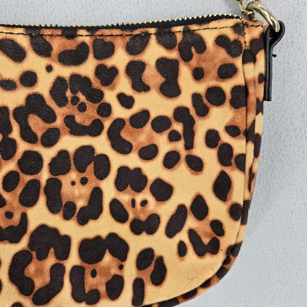 Leopard Print Faux Suede Feel Shoulder Bag Gold Chain Zip Y2K Style